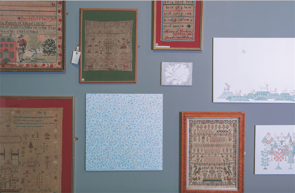 Danica Maier, Skein (detail with historical samplers), 2014