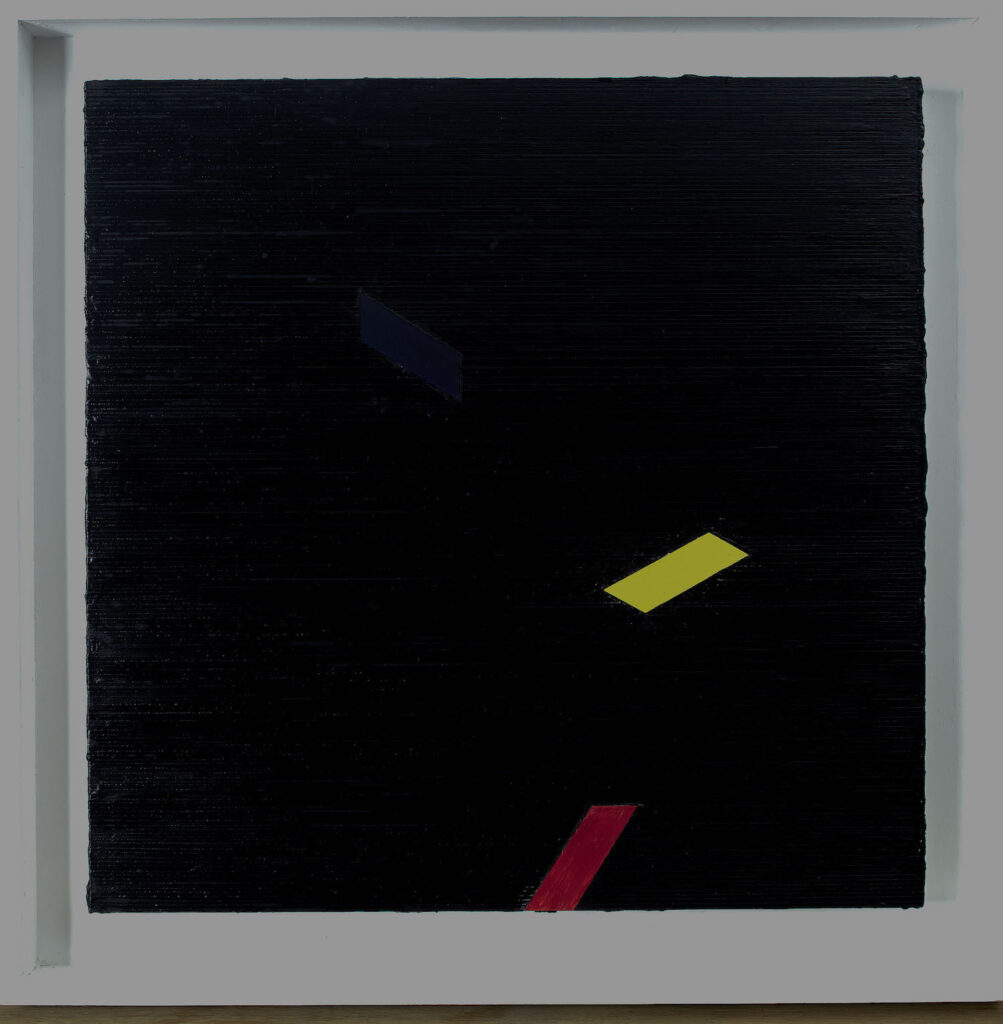 Canary, Flag and Bat in Mine 2020 Acrylic and oil on four-part panel