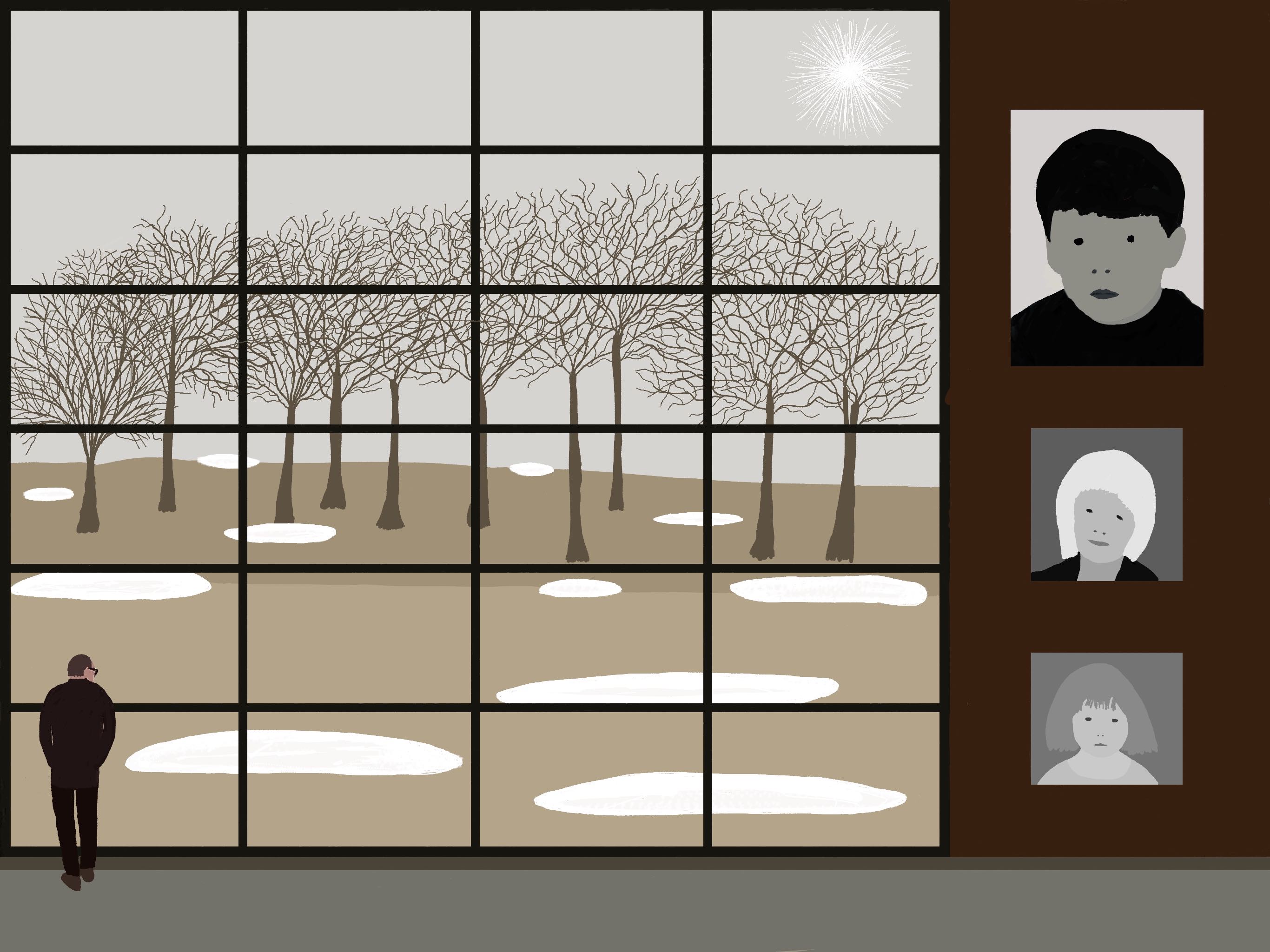 Man looking out window