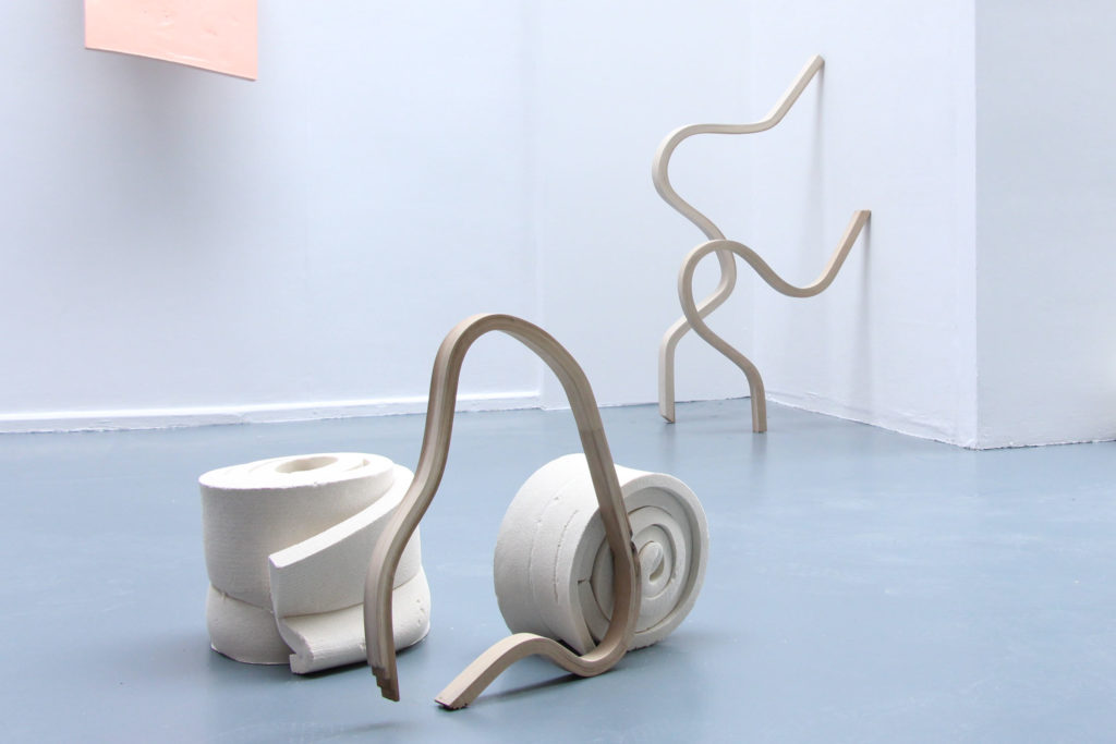 (detail of) Stand, Lean- Others Don't (They Don't Do That), 2018, Tulip wood, Adhesive, Oil, Silicone, Ceramic, 4 Screws