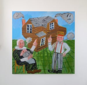 Family with Well-Constructed Dwelling, 2016, Oil on Board, Install view at Trade Gallery, Nottingham