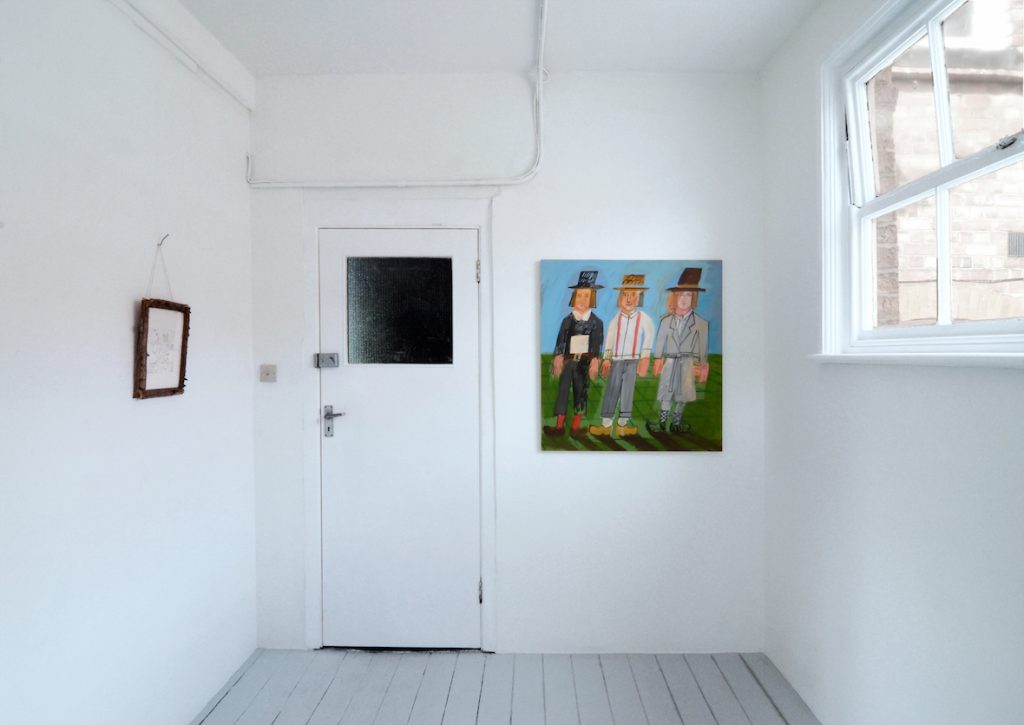 Three Brothers, Possibly Triplets, 2016, Oil on Board, Install view at Trade Gallery, Nottingham