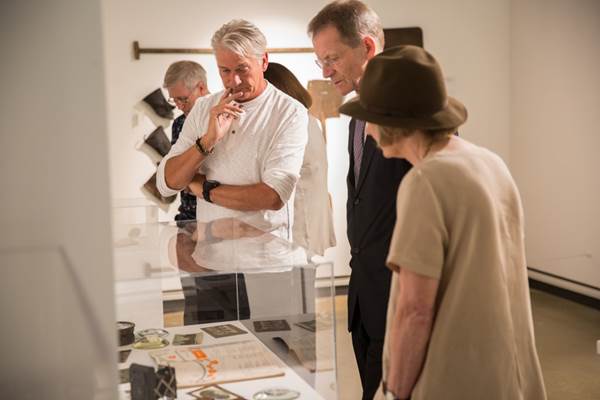 Sir Nicholas Serota, Chair Arts Council England, Memories of Industry exhibition at Attenborough Arts Centre with artists Robert Thacker (left) and Diane E Hall (right). Photo: David Wilson Clark did the photos